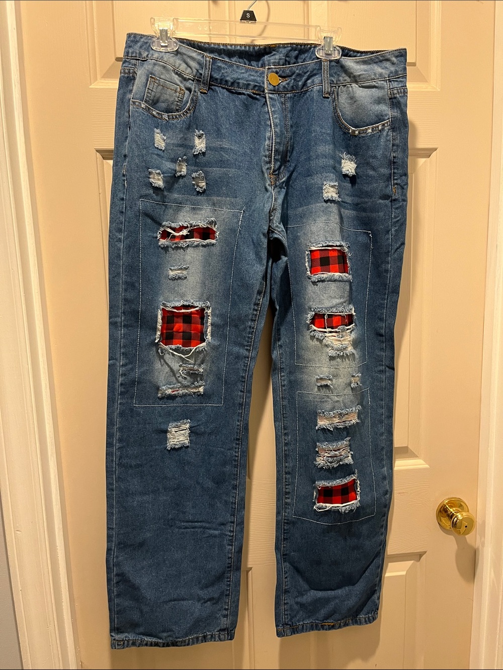 Blue Denim Jeans with Red Plaid Patch Details